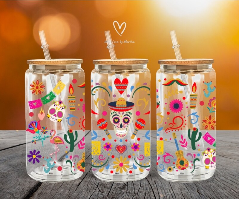 Day of the Dead or Dia de Muertos Glass Cup 16oz with straw and